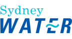 The image shows the logo for Sydney Water. The word "Sydney" is written in a light blue color, and the word "WATER" is in a darker blue color with a water ripple effect integrated into the design.