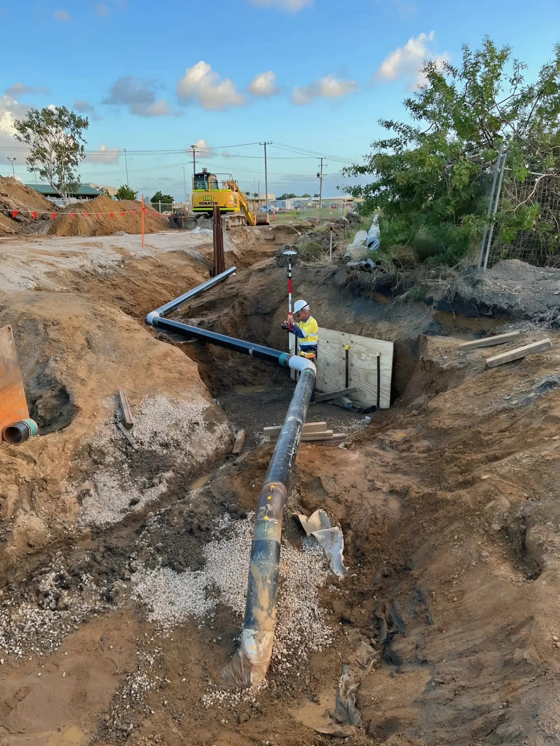 A construction worker in a yellow safety vest and hard hat is working in a large trench, installing and adjusting large black pipes. An excavator is parked nearby on the dig site, with additional machinery and construction barriers visible in the background.