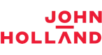 John Holland" logo in bold red font with "JOHN" on top of "HOLLAND". The letters are in uppercase, and "HOLLAND" is underlined.