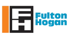 Logo of Fulton Hogan featuring a stylized "FH" in white on a black rectangular background with an orange vertical stripe on the left. The words "Fulton Hogan" are written in blue and placed to the right of the rectangle.